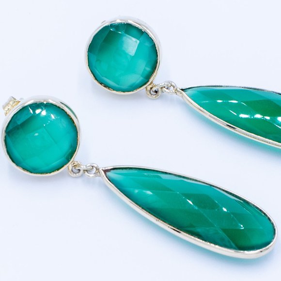 Jewelry - Green Agate in Silver/Yellow Gold Plated Earrings